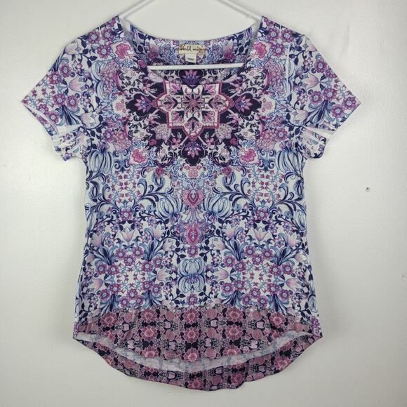 World Unity Women's Purple Floral Top Shirt Small Embellished Artsy Boho Hippie - Picture 1 of 6